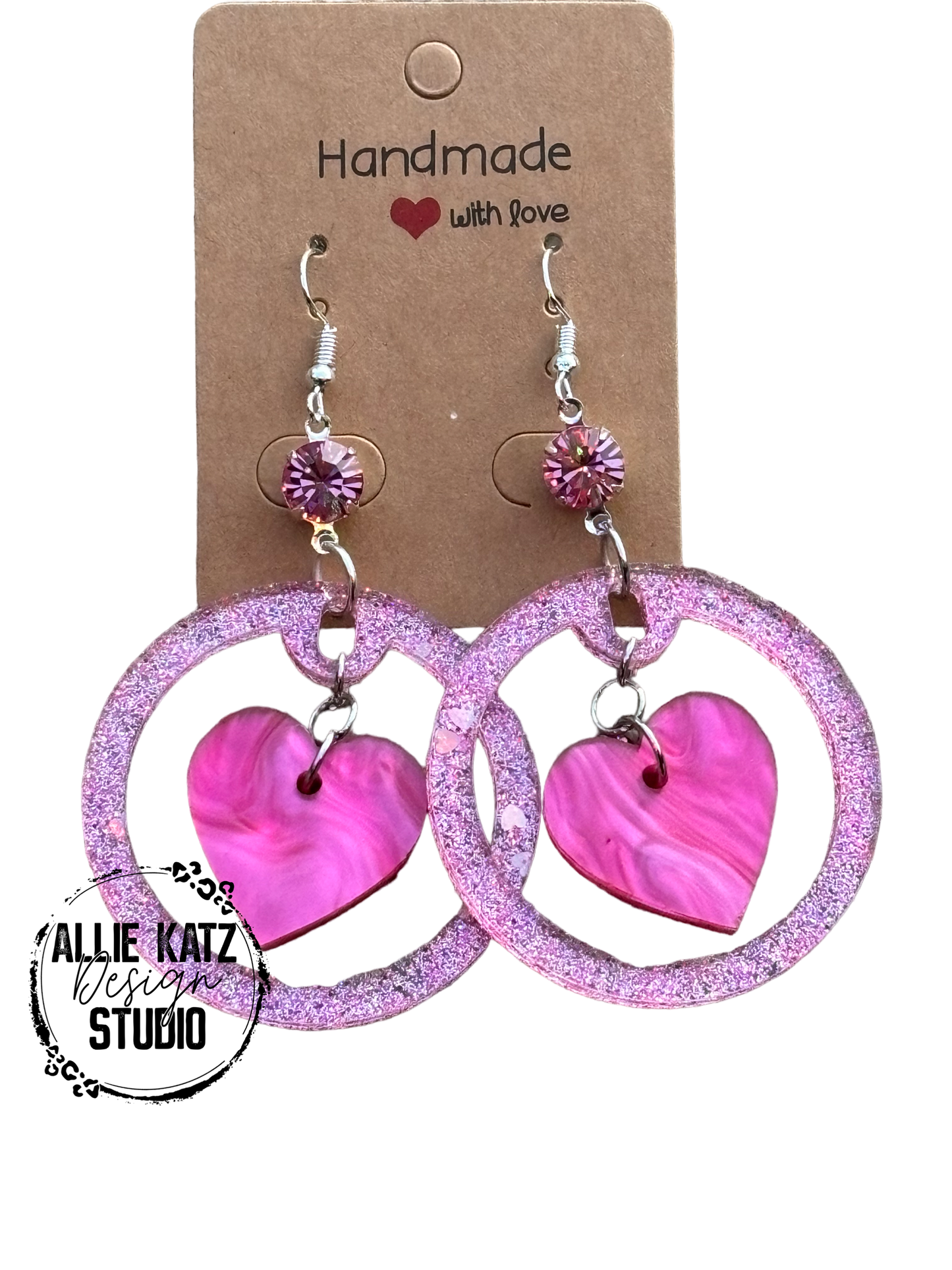 Valentine's Day pink sparkling heart dangle Earrings, Valentine Statement Earrings, Handmade earrings, Valentine's Day Gifts for Her