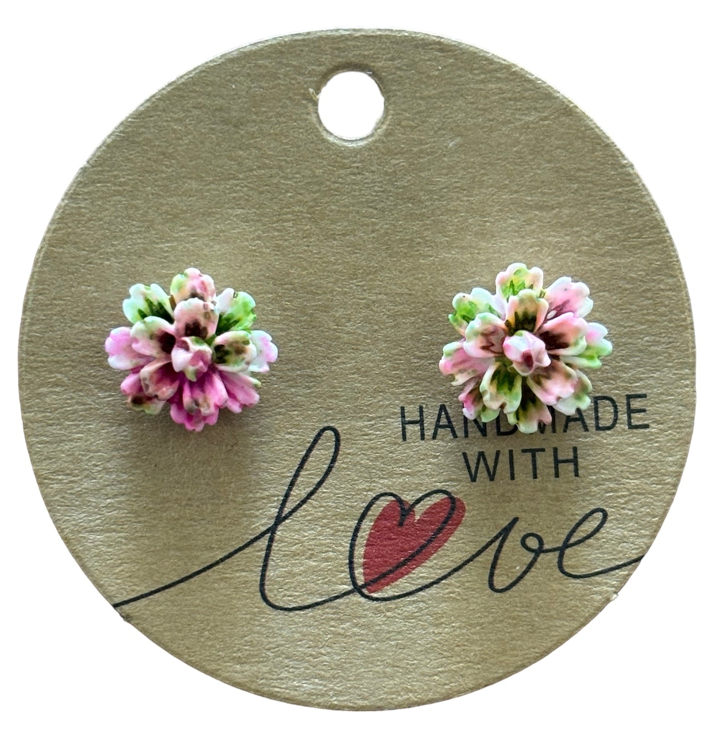 Pink Green Flower Stud Earrings / Petite Elegance Handmade Sparkling Earrings