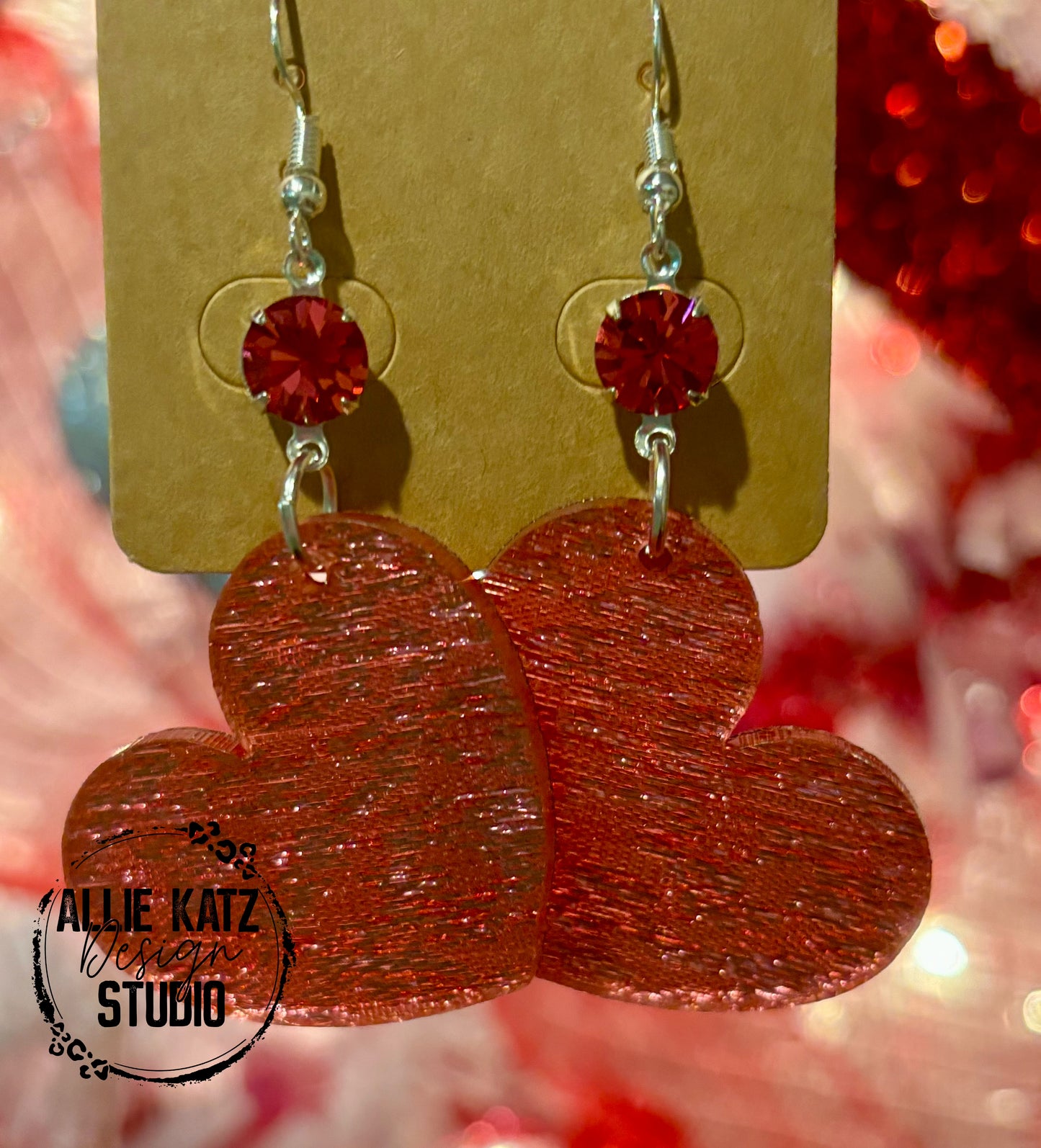 Valentine's Day glitter heart dangle with crystal Earrings, Valentine Statement Earrings, Handmade earrings, Valentine's Day Gifts for Her