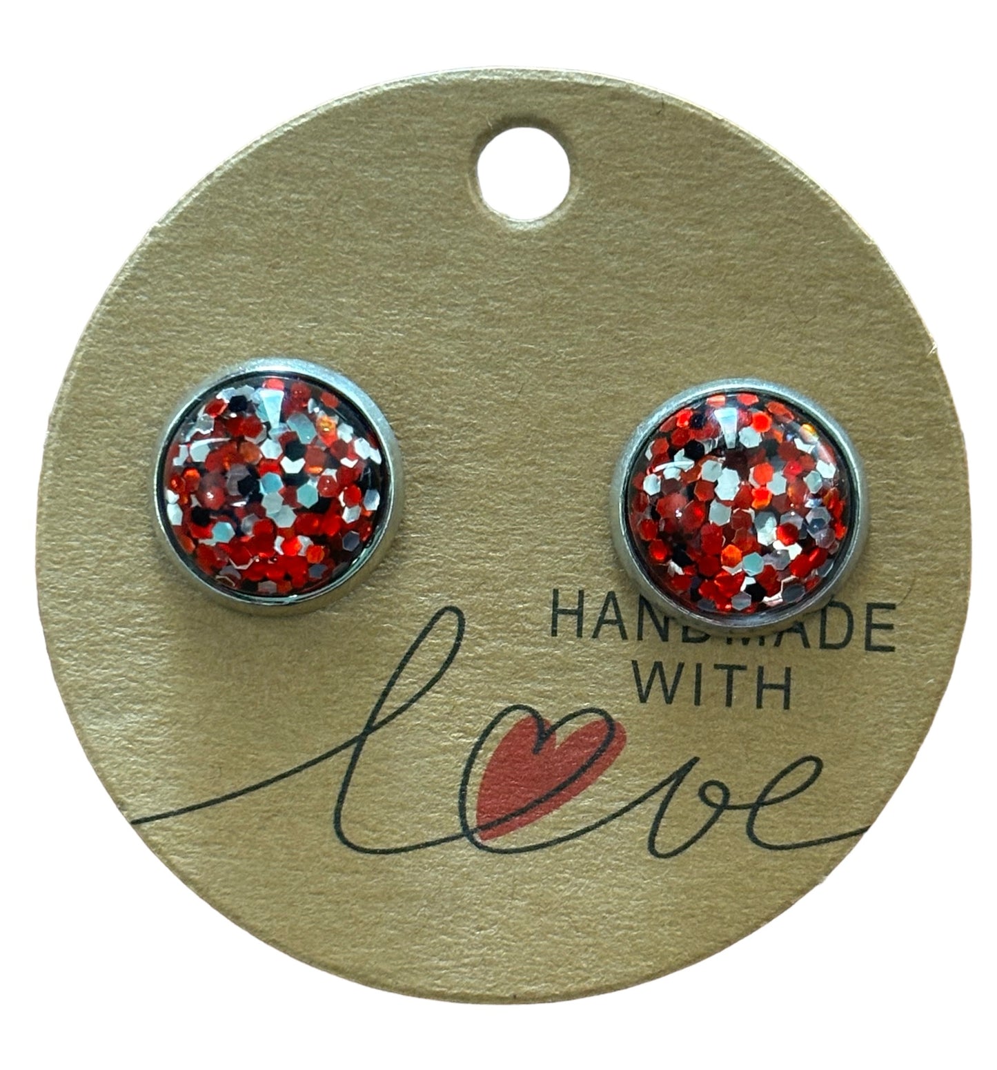 Red Black Silver Glitter Sparkling Stud Earrings / Petite Elegance Handmade Sparkling Earrings