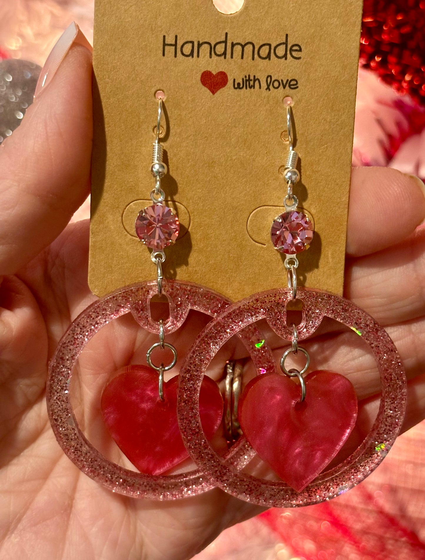 Valentine's Day pink sparkling heart dangle Earrings, Valentine Statement Earrings, Handmade earrings, Valentine's Day Gifts for Her