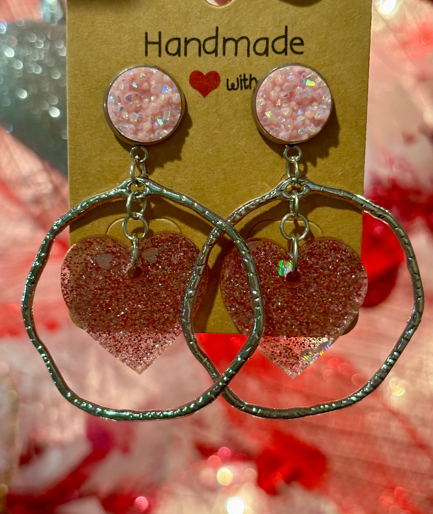 Valentine's Day pink glitter heart dangle Earrings, Valentine Statement Earrings, Handmade earrings, Valentine's Day Gifts for Her