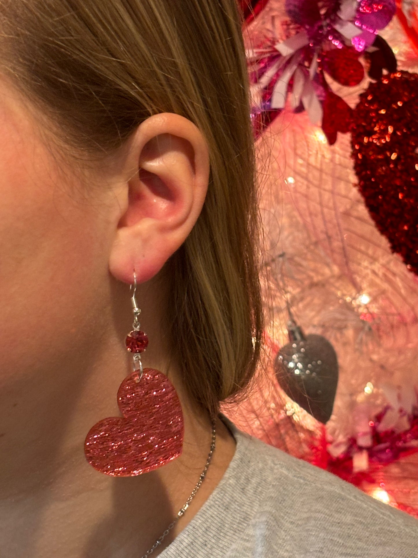 Valentine's Day glitter heart dangle with crystal Earrings, Valentine Statement Earrings, Handmade earrings, Valentine's Day Gifts for Her