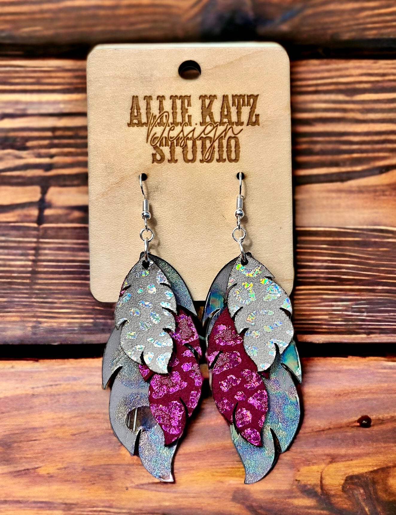 Metallic Leather feathered earrings