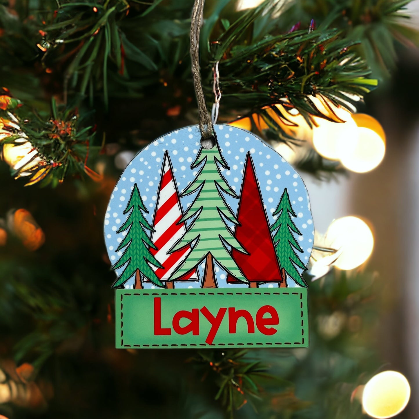 Personalized Wooden Ornament Green Tree Snow Globe