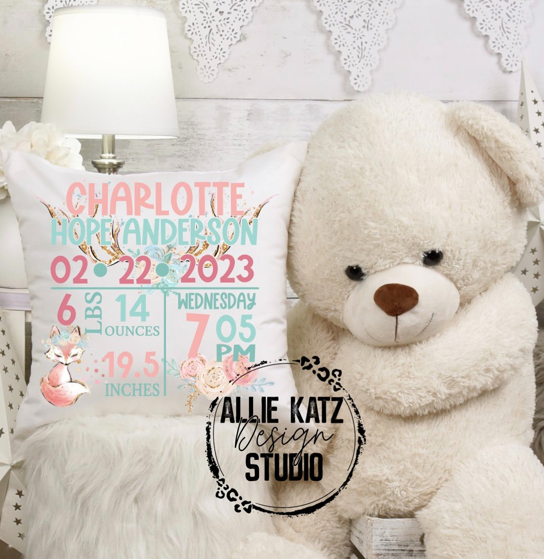 Boho Fox Baby Girl Birth Announcement Pillow/ Personalized Nursery Pillow