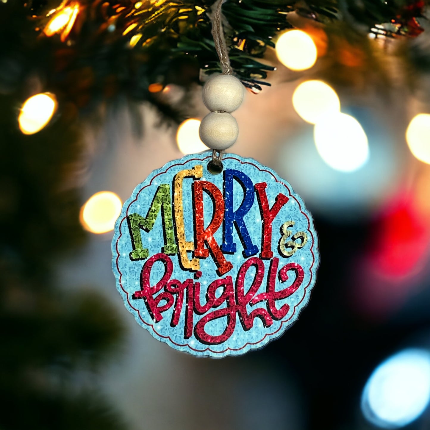Merry & Bright Faux Sparkle Wood Christmas Ornament