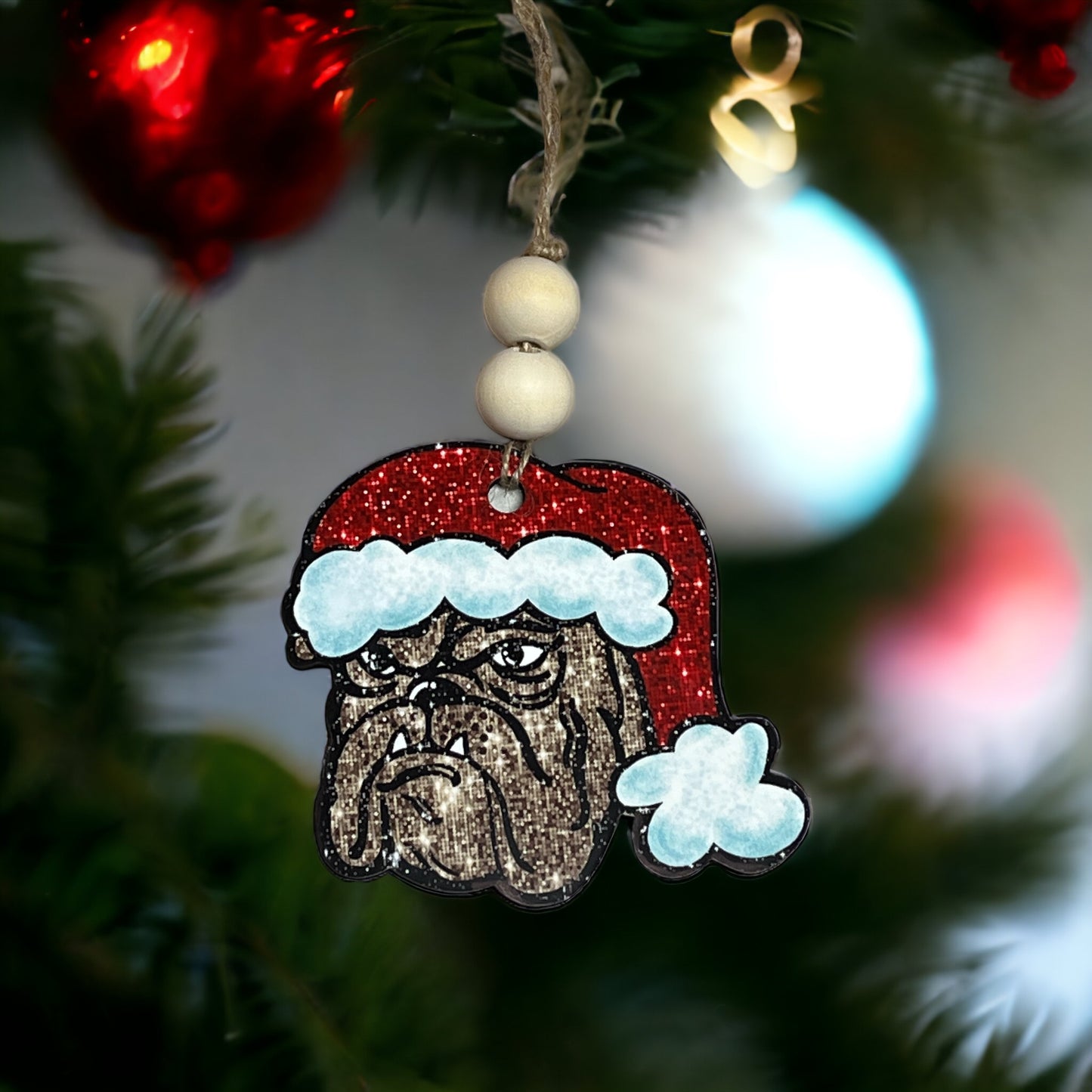 Bulldog Faux Sparkle Wood Christmas Ornament