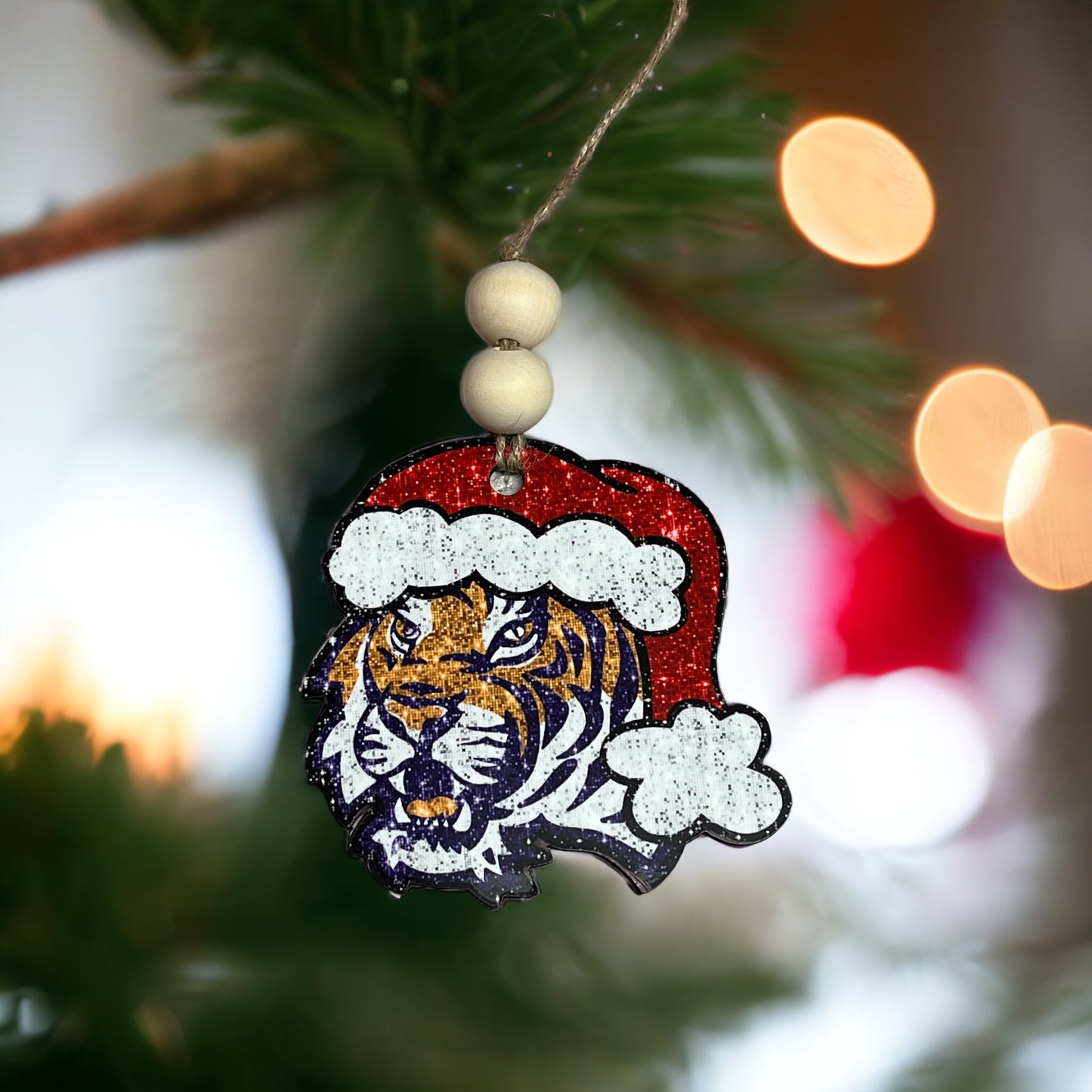Tiger Faux Sparkle Wood Christmas Ornament
