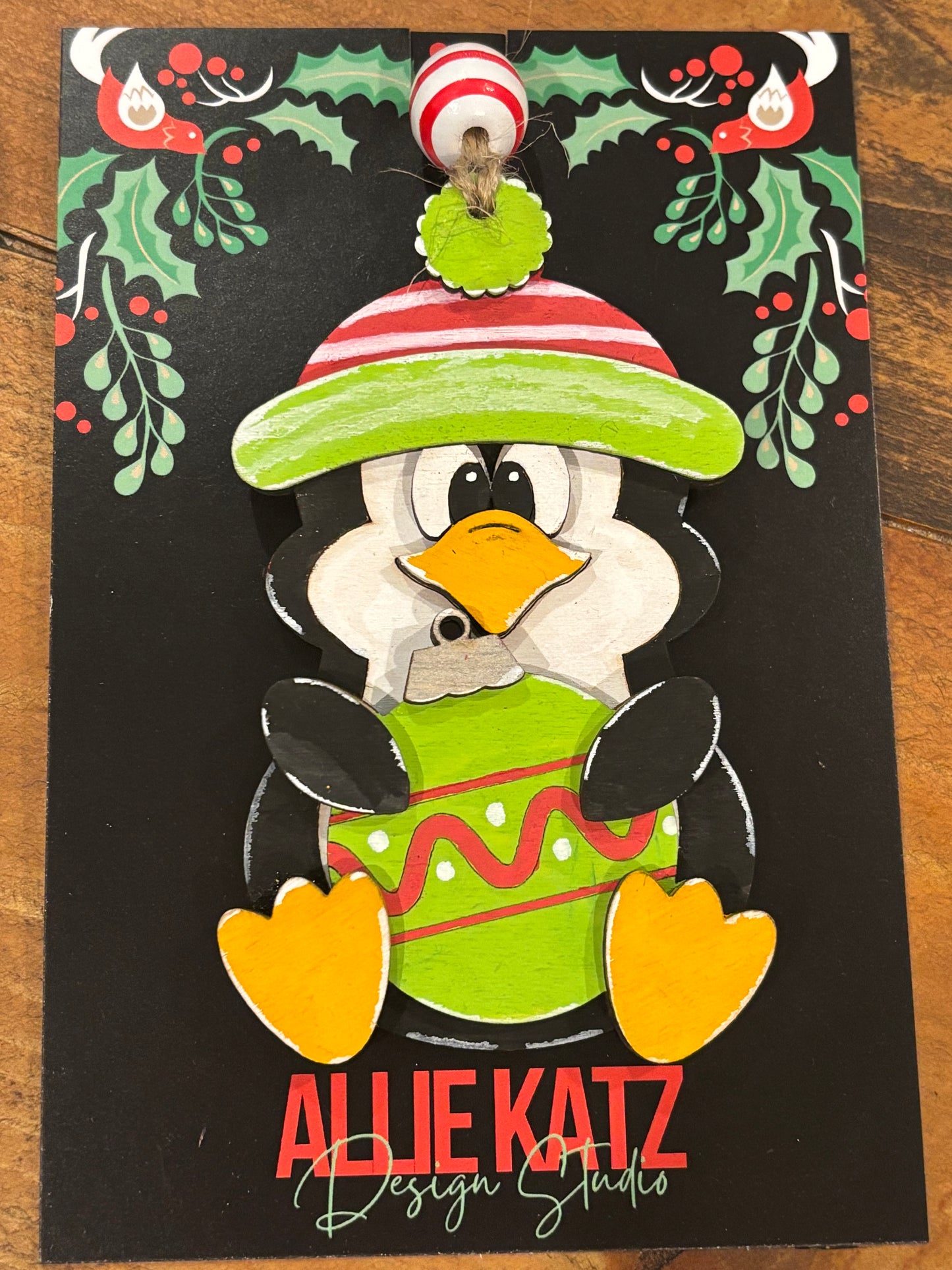 Wooden Hand Painted Penguin Christmas Ornament