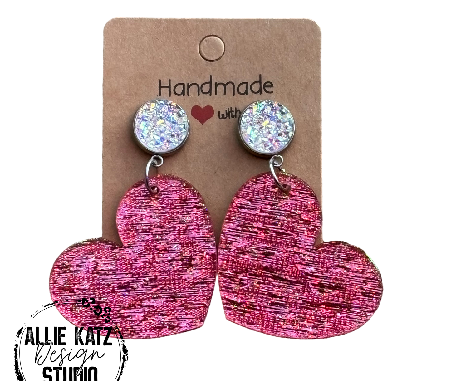 Valentine's Day sparkle pink heart dangle Earrings, Valentine Statement Earrings, Handmade earrings, Valentine's Day Gifts for Her