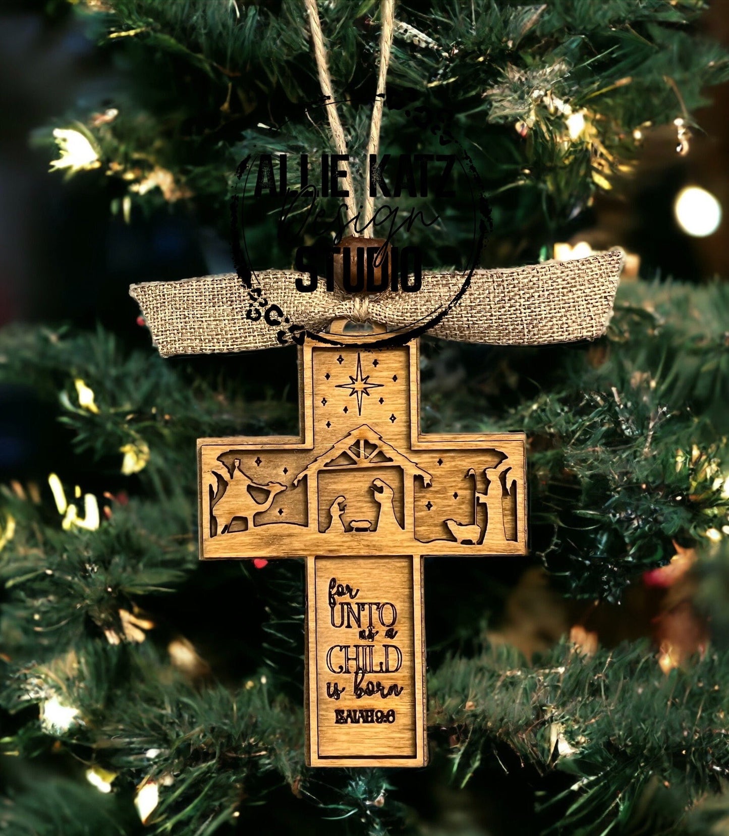 Nativity Scene Wooden Cross Christmas ornament/ Hand-Painted Wooden Christmas Ornaments/ baby Jesus/for Unto us a Child is Born