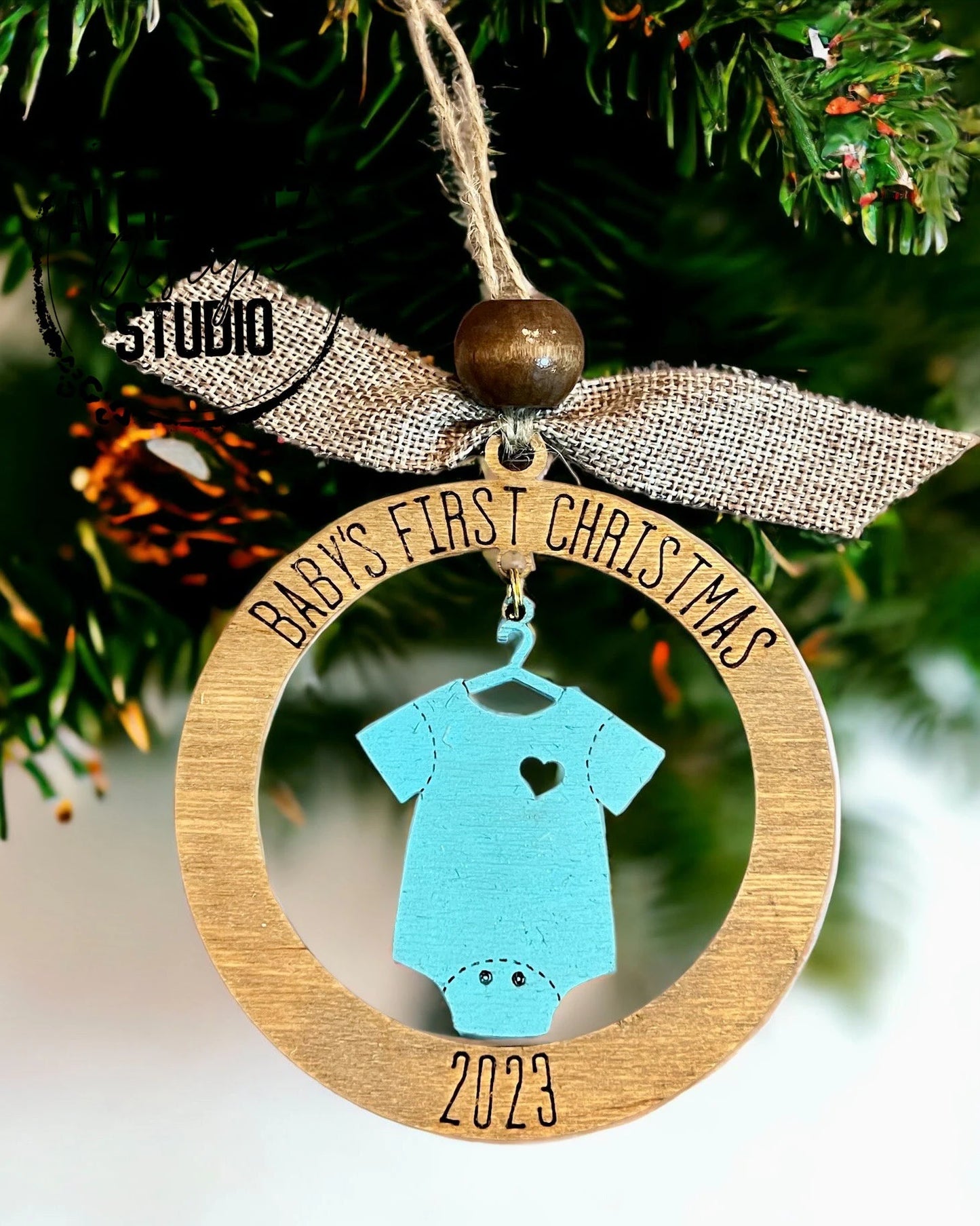 Baby's First Christmas Blue Onesie Christmas ornament/ Hand-Painted Wooden Christmas Ornaments/ baby ornament/2023 ornament