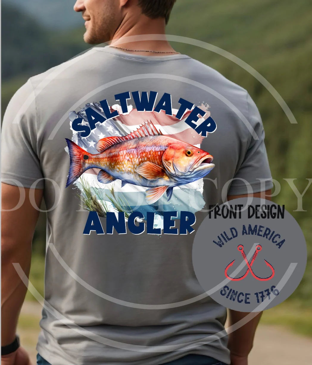 Saltwater Angler Red Fish Patriotic Authentic Outdoors Tee