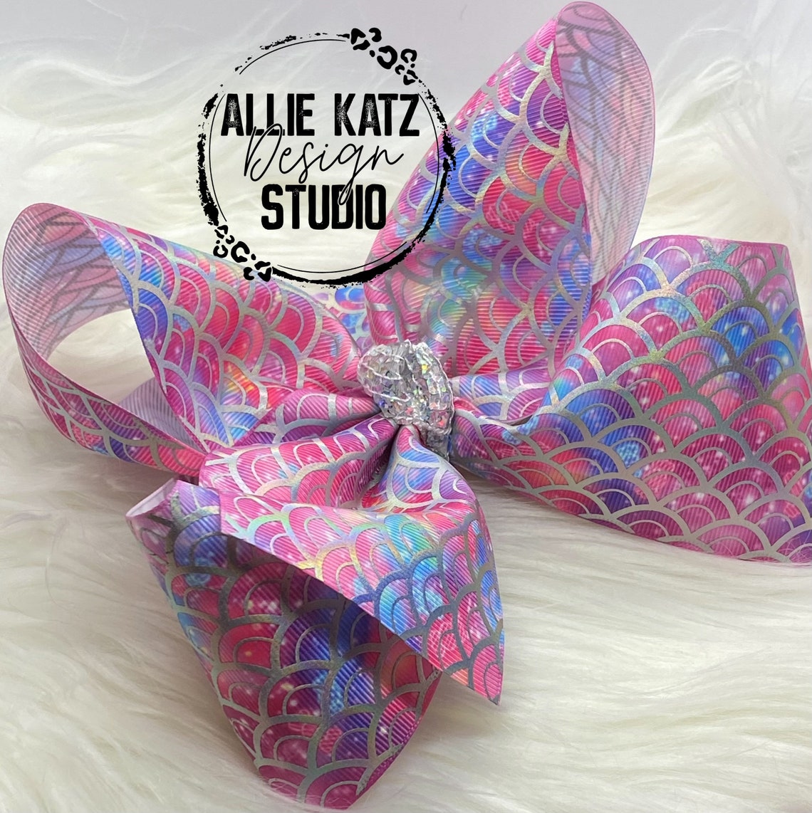 Mermaid scale with pink galaxy background 8" boutique bow, extra-large bow
