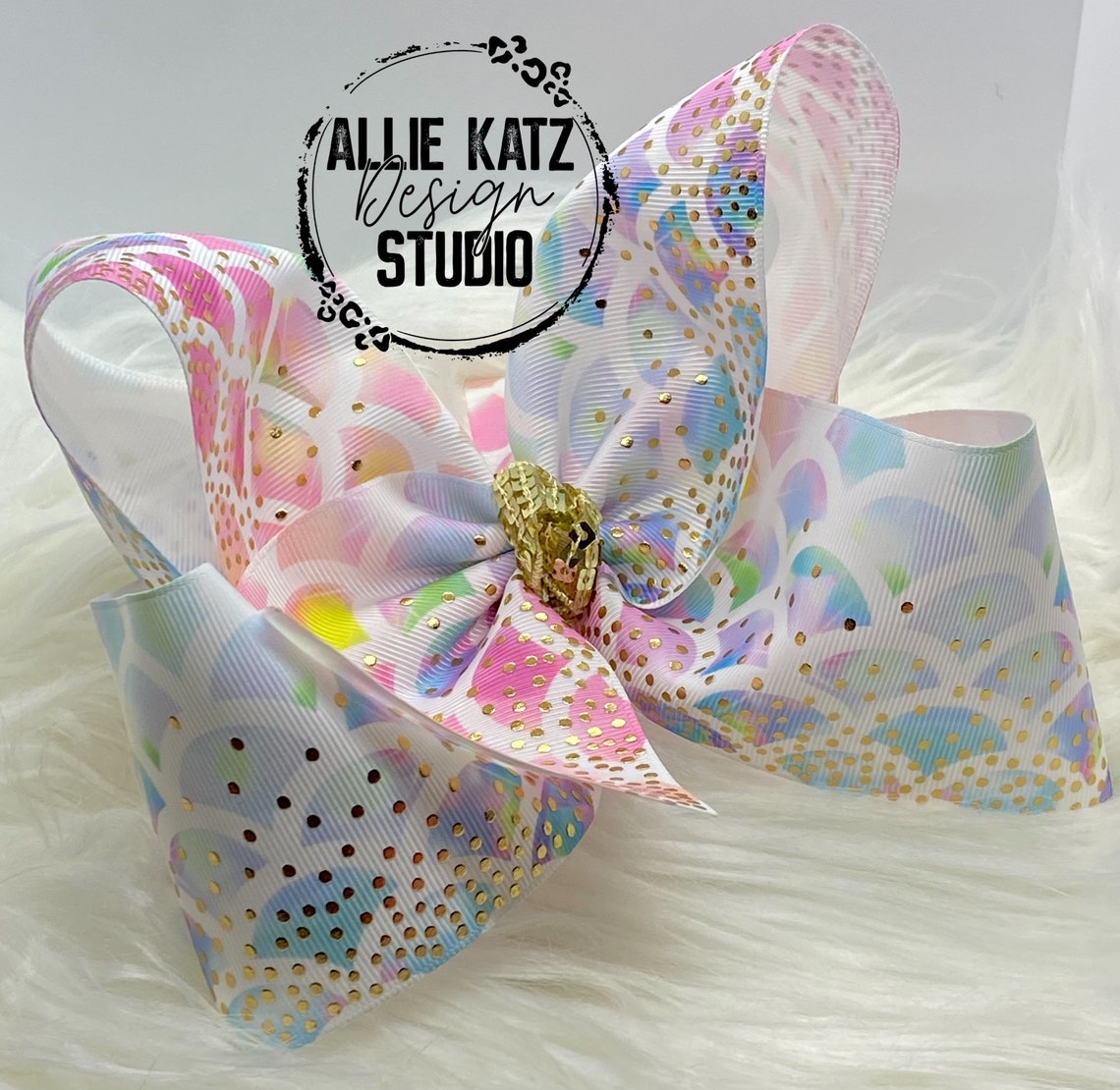 Pastel rainbow gold dot 8" boutique bow, extra-large bow