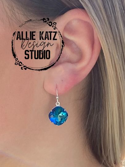Volcano Glass Shimmer 12mm Cushion Cut Genuine Austrian Crystal Dangle Drop Earrings