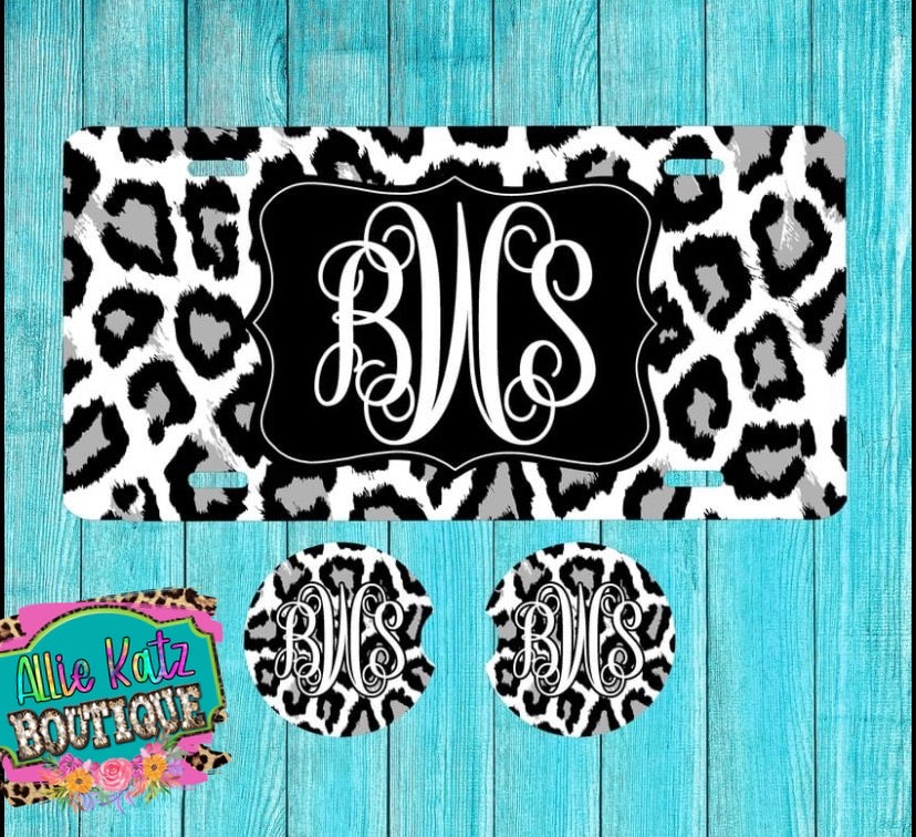 Black leopard License plate/car coasters