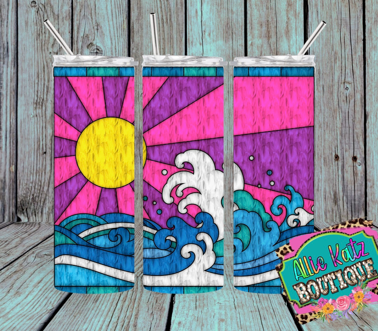 Stained Glass look ocean waves pink 20oz skinny tumbler