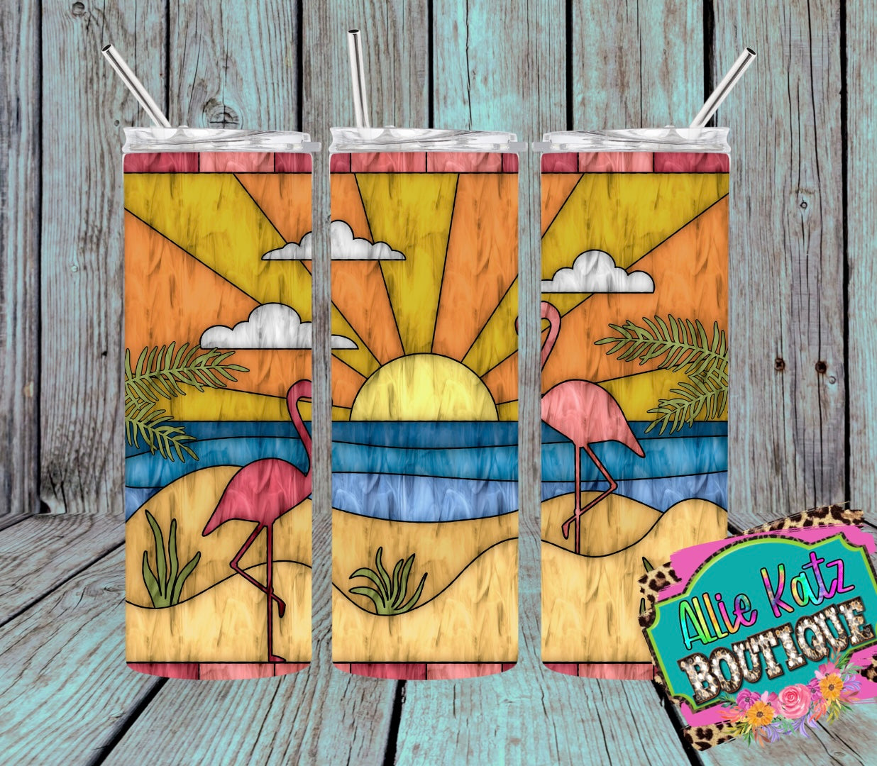 Stained Glass look flamingo beach 20oz skinny tumbler