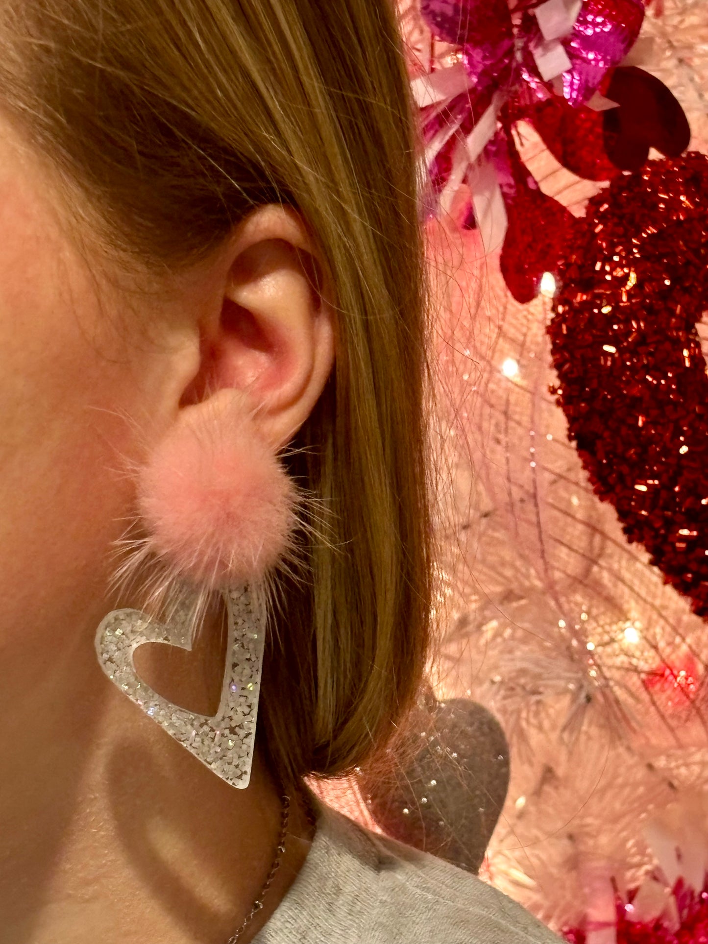 Valentine's Day Mink puff Glitter heart Earrings, Valentine Statement Earrings, Handmade earrings, Valentine's Day Gifts for Her