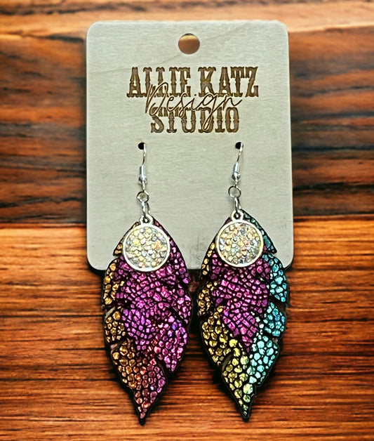Metallic Leather feathered earrings w/rhinestone charm
