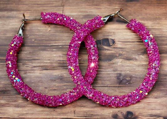 Raspberry Glitter Sparkling Elegance Hoop Earrings