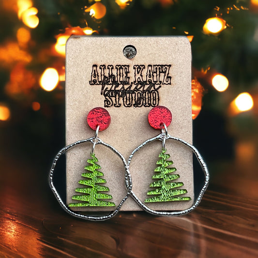 Lime Shimmer Zig Zag Tree circle Earrings