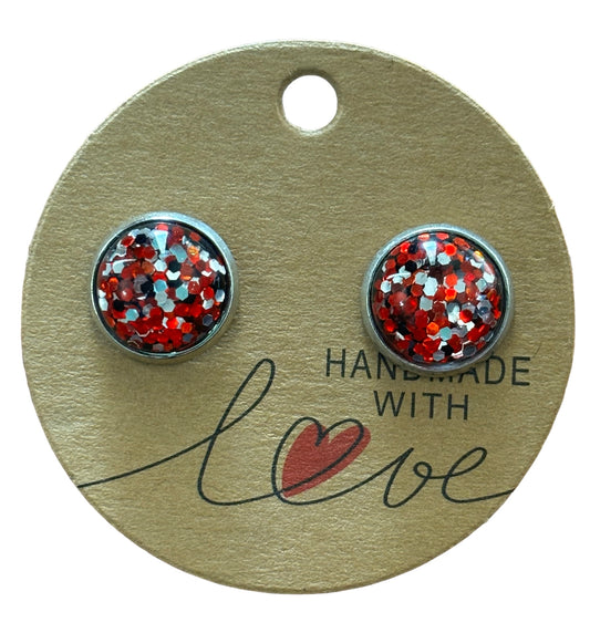 Red Black Silver Glitter Sparkling Stud Earrings /  Petite Elegance Handmade Sparkling Earrings