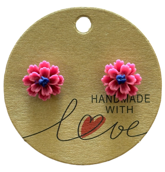 Dk Pink Navy Flower Stud Earrings /  Petite Elegance Handmade Sparkling Earrings