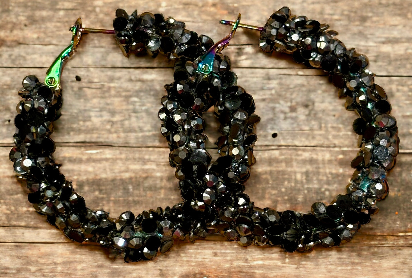 Black Silver Chunky Sparkling Elegance Hoop Earrings