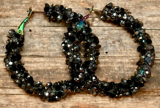 Black Silver Chunky Sparkling Elegance Hoop Earrings