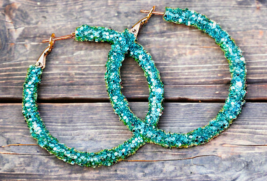 Teal Glitter Sparkling Elegance Hoop Earrings