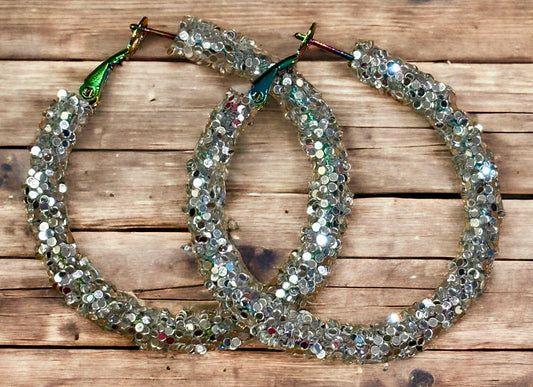 Silver Glitter Sparkling Elegance Hoop Earrings