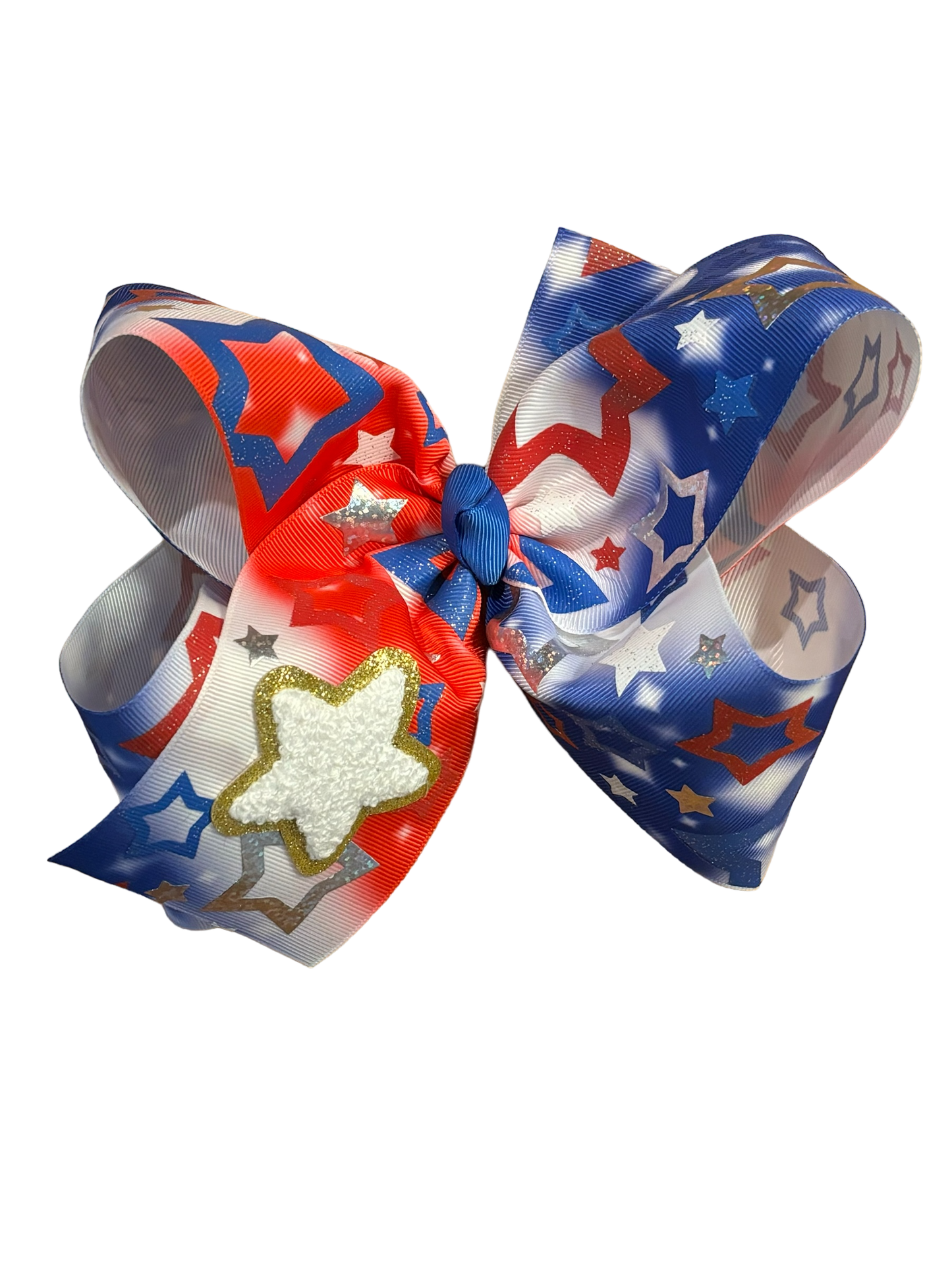 8" Patriotic Hair bow with white chenille star patch