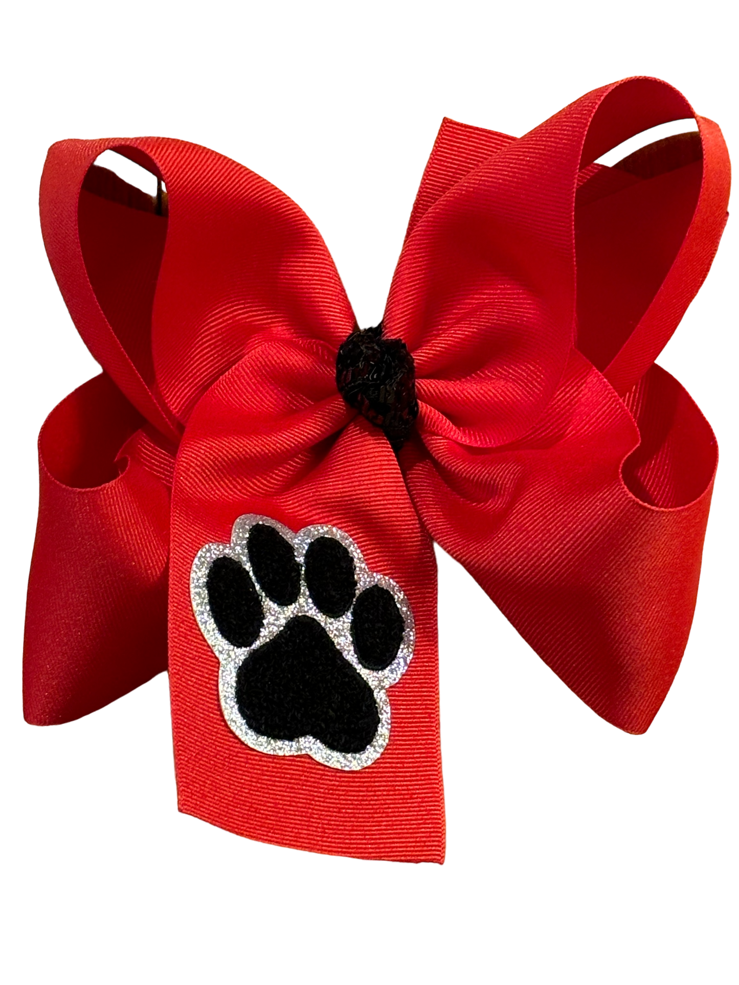 8" Red hair bow with black chenille paw print patch