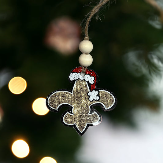 Fleur de lis Faux Sparkle Wood Christmas Ornament
