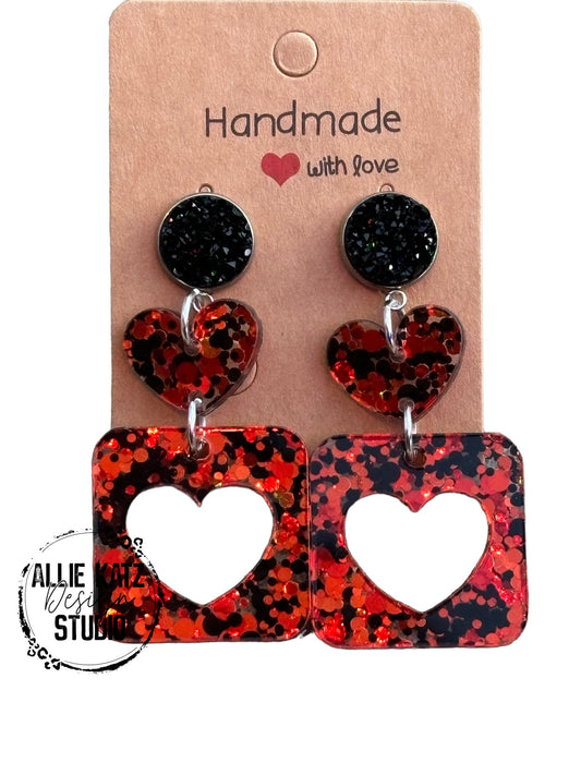 Valentine's Day red and black glitter Earrings, Valentine Statement Earrings, Handmade earrings, Valentine's Day Gifts for Her