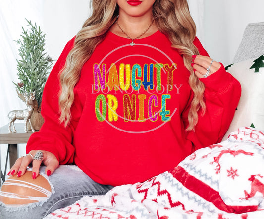 Faux Chenille Naughty or Nice Christmas Shirt