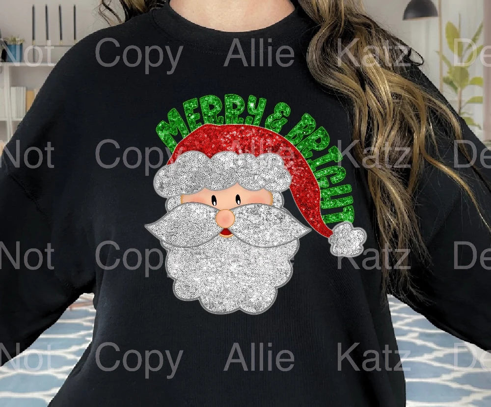 Merry and Bright Santa Faux Sequin Christmas Shirt