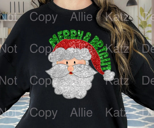 Merry and Bright Santa Faux Sequin Christmas Shirt