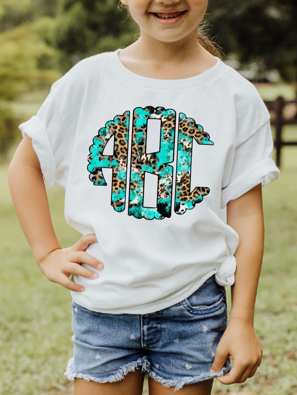 Turquoise leopard Monogram Tee