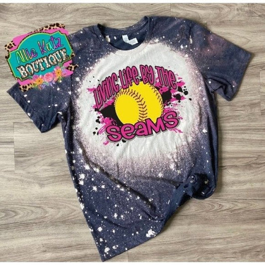 Living life by the seams bleached T-shirt/ ball tee/ Softball bleached tee/ blea
