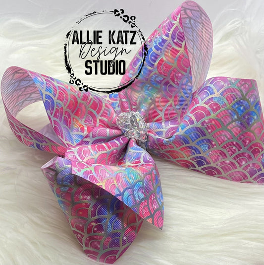 Mermaid scale with pink galaxy background 8" boutique bow, extra-large bow
