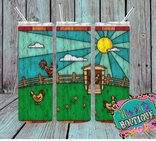 Stained Glass look chicken farm 20oz skinny tumbler