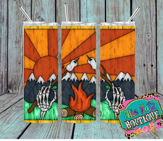 Stained Glass look skeleton bonfire 20oz skinny tumbler