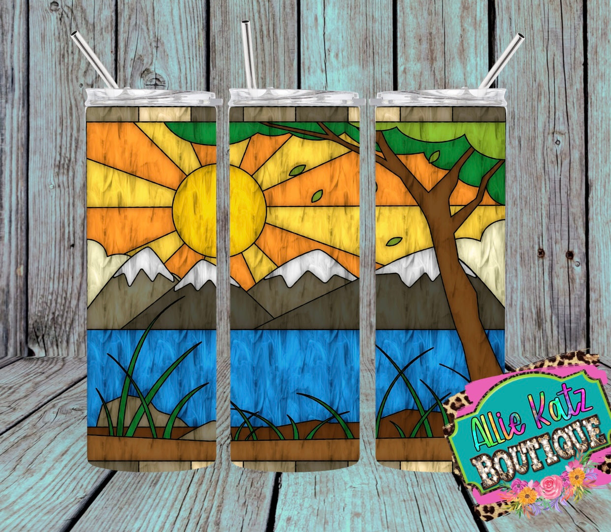 Stained Glass look mountain lake 20oz skinny tumbler