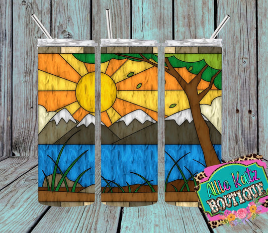 Stained Glass look mountain lake 20oz skinny tumbler