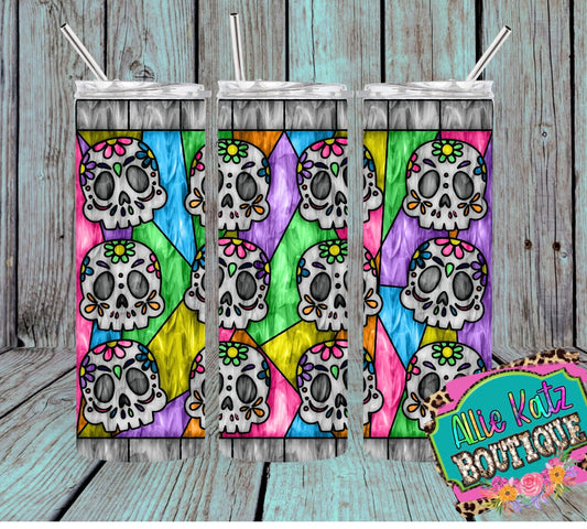 Stained Glass look sugar skull 20oz skinny tumbler
