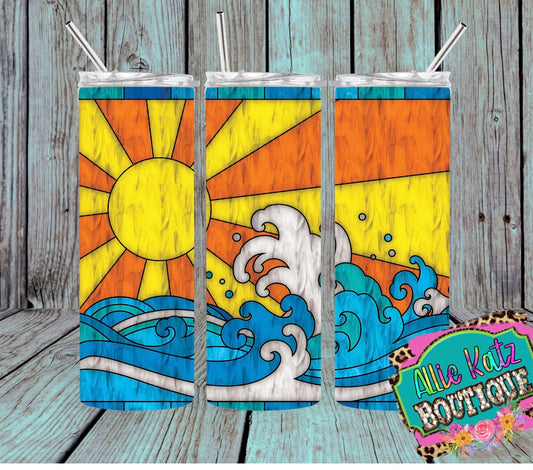 Stained Glass look ocean waves orange 20oz skinny tumbler